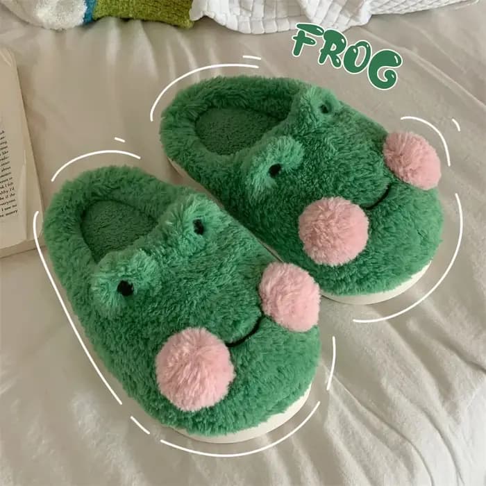 Pantoufles en coton grenouille de dessin animé pour hommes et femmes, chaussures chaudes d'hiver, se