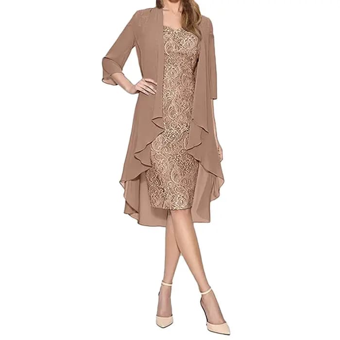 Robe mi-longue en dentelle à demi-manches pour femmes