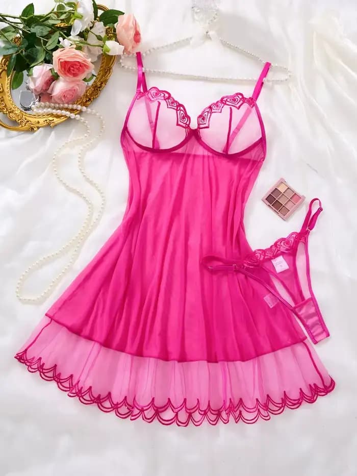 Robe de nuit pour femme en tulle rouge rose