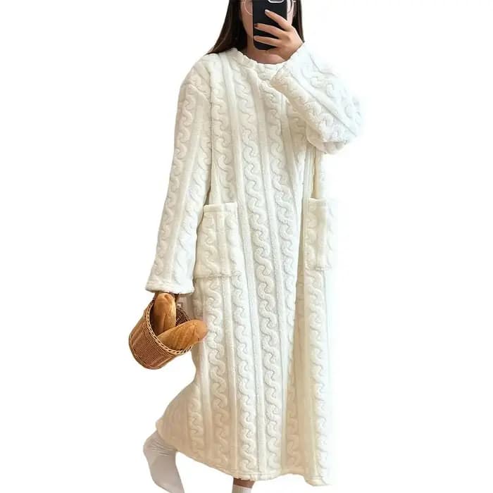 Hiver à manches longues Double poche flanelle chemises de nuit femmes ample solide vêtements