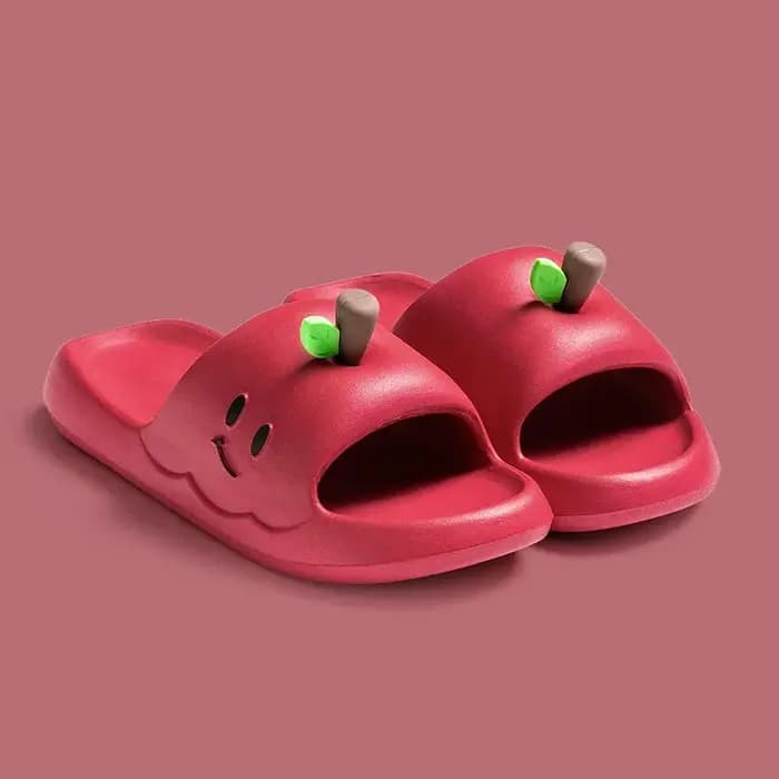 Mignonnes pantoufles en EVA à semelle épaisse motif pomme de dessin animé pour femmes, couleur bonbo