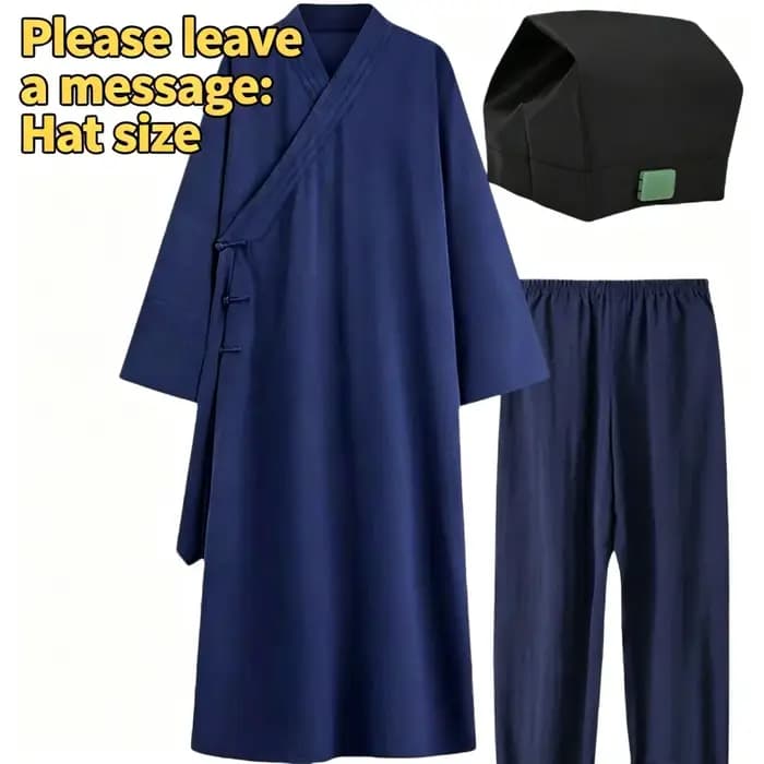 Ensemble de Robe Taoïste Traditionnelle Chinoise : Tunique Longue à Col Croisé avec Pantalon et Chapeau