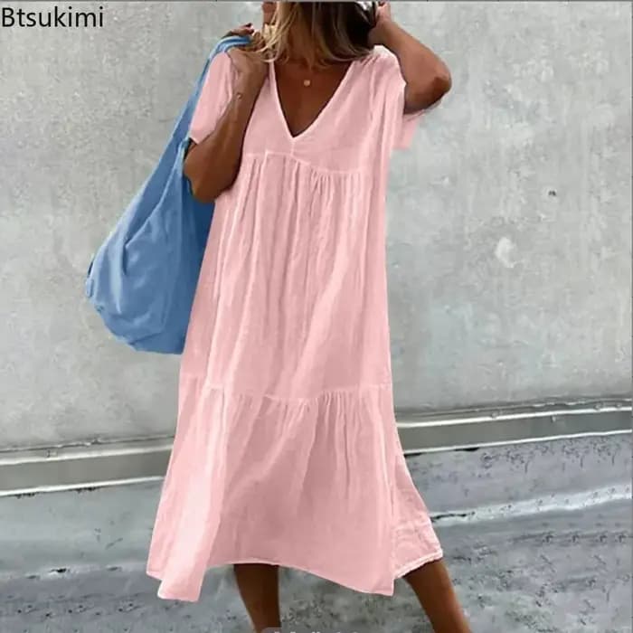 Nouvelles robes midi en coton et lin pour femmes