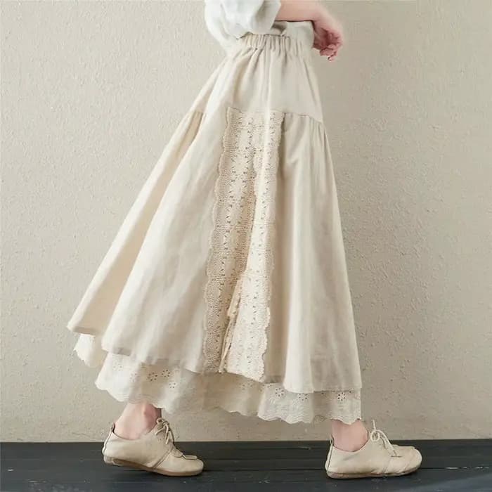 Vintage Chic broderie lin coton jupes longues femmes été élastique taille haute plissée Maxi jupe femme élégante a-ligne