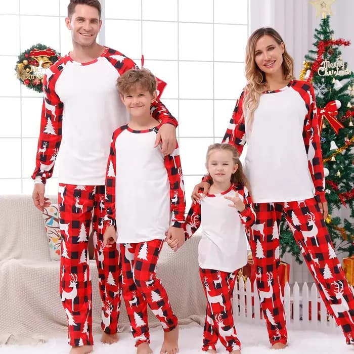 2025 nouveau ensemble de pyjamas de noël imprimé à carreaux vierges pour la famille à manches longues col rond 2 pièces