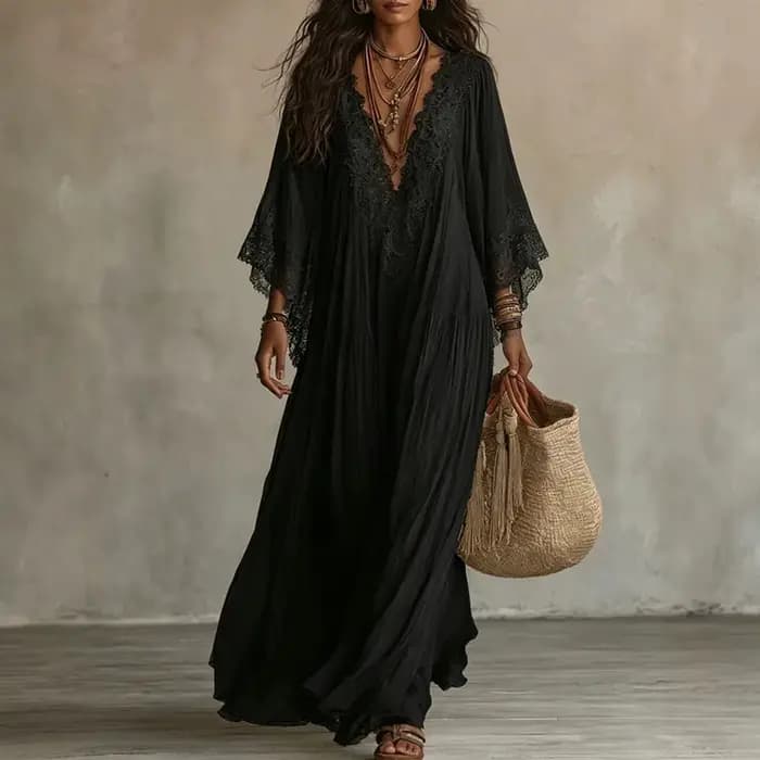 Robe longue vintage en dentelle unie pour femme