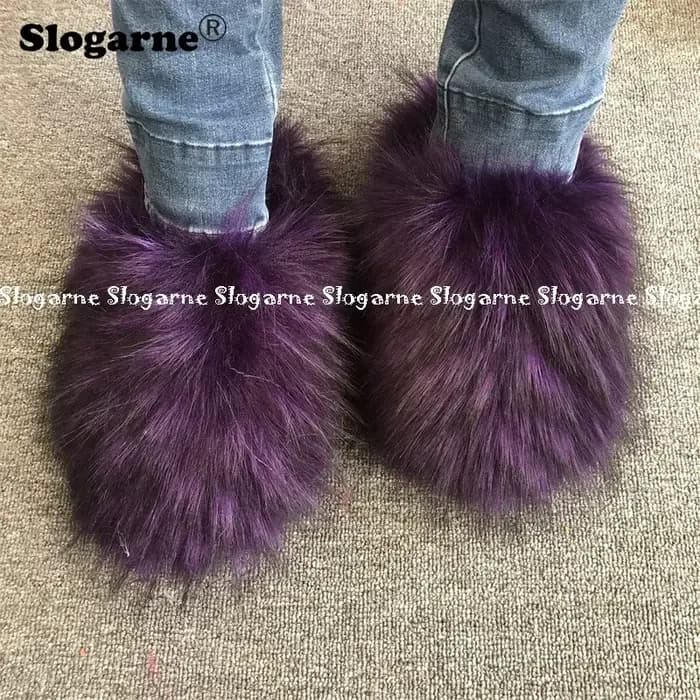 Pantoufles en fausse fourrure de renard pour femmes et filles, toboggans chauds en peluche, chaussur
