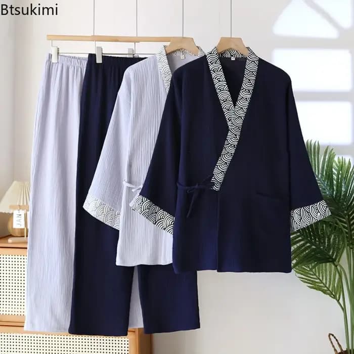 Ensemble pyjama homme 2026 : Kimono et pantalon à manches longues en coton crêpe pour l'automne et le printemps