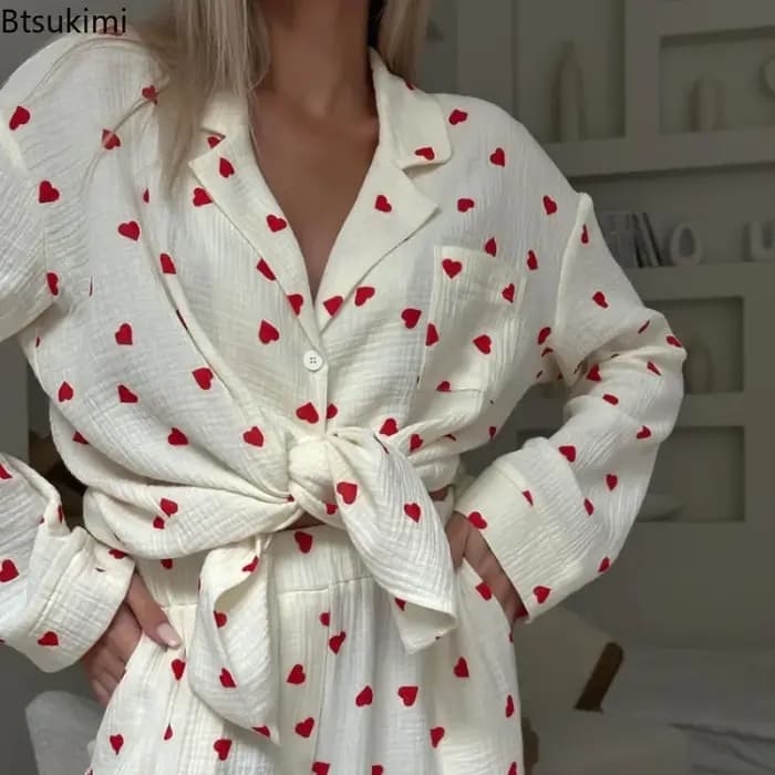 Nouveau 2026 amour coeur imprimé pyjama 100% coton à manches longues ensemble 2 pièces tenue revers vêtements de nuit
