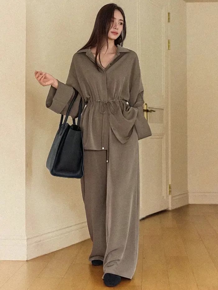 Ensemble de vêtements de détente élégant pour femmes, chemise à manches longues avec cordon de serra