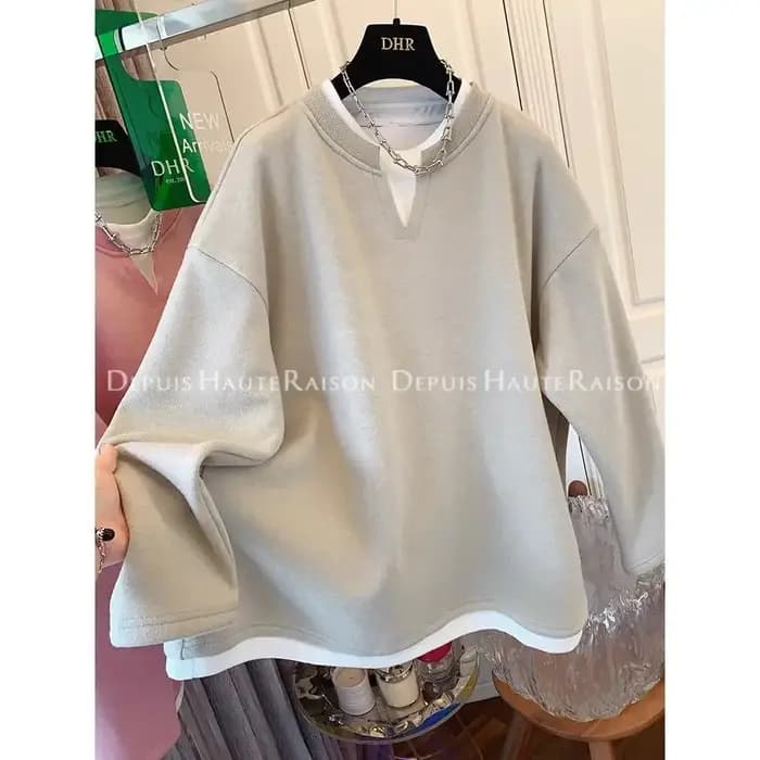 Femmes surdimensionnées vêtements mode coréenne Patchwork col rond faux deux pièces femme tout-match ample à manches