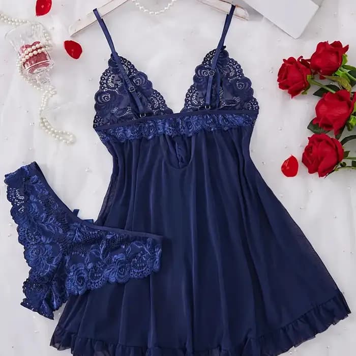 Ensemble de Lingerie en dentelle contrastée bleue