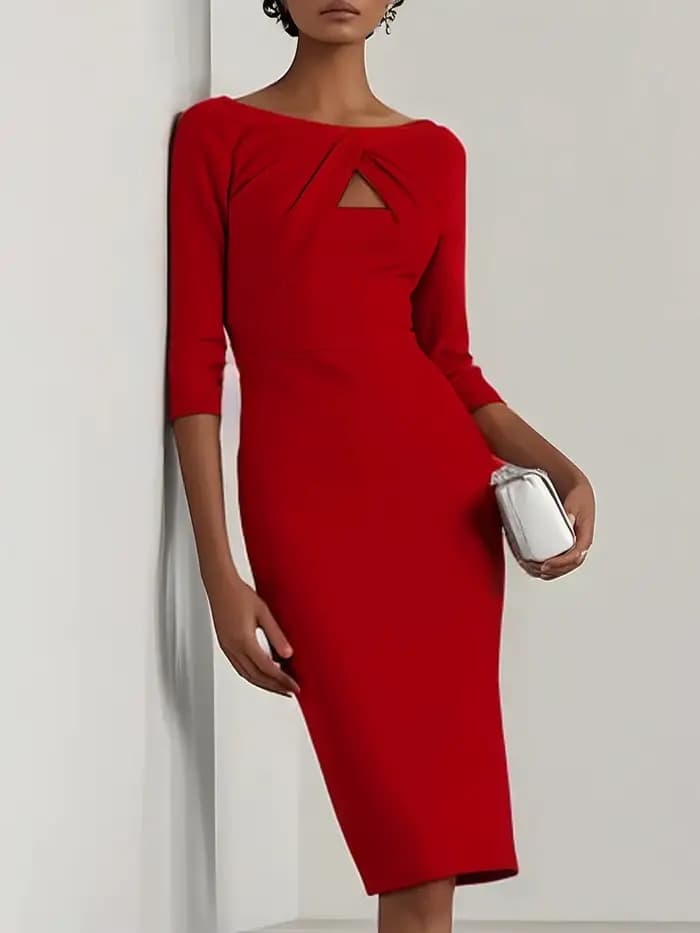 Robe élégante longueur genou pour femme – Col en V, manches 3/4, style moulant, parfaite pour les in