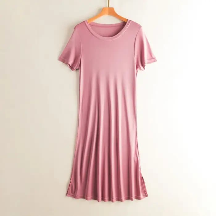 Robe en soie tricotée couleur unie, grande, moyenne, longue, soie mûre, manches courtes, col rond, j
