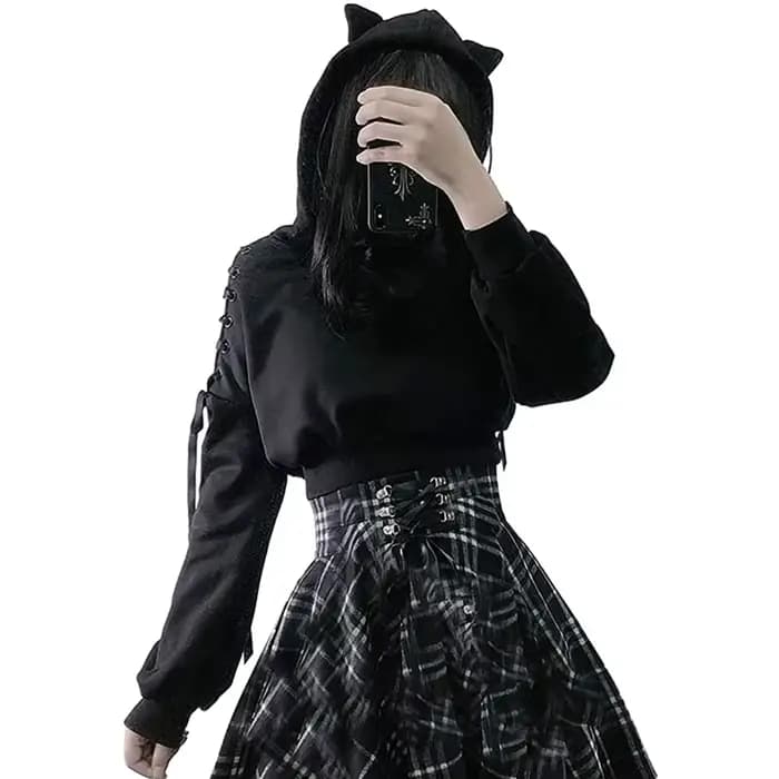 Y2k gothique femmes à capuche chat oreille haut court sweat à capuche évider à lacets à manches long