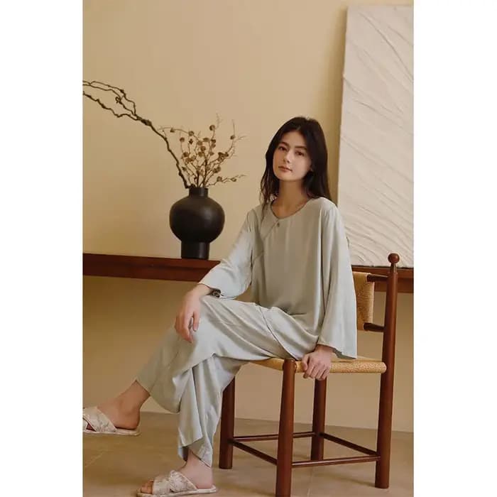 2025 Satin couleur unie Jacquard Antique pull pyjama ensemble femmes à manches longues pantalon col rond vêtements de détente Viscose pyjamas