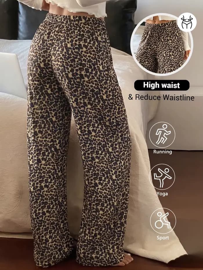 Pantalon de pyjama pour femme motif léopard brun en tricot doux avec taille élastique et élasthanne pour confort maison printemps
