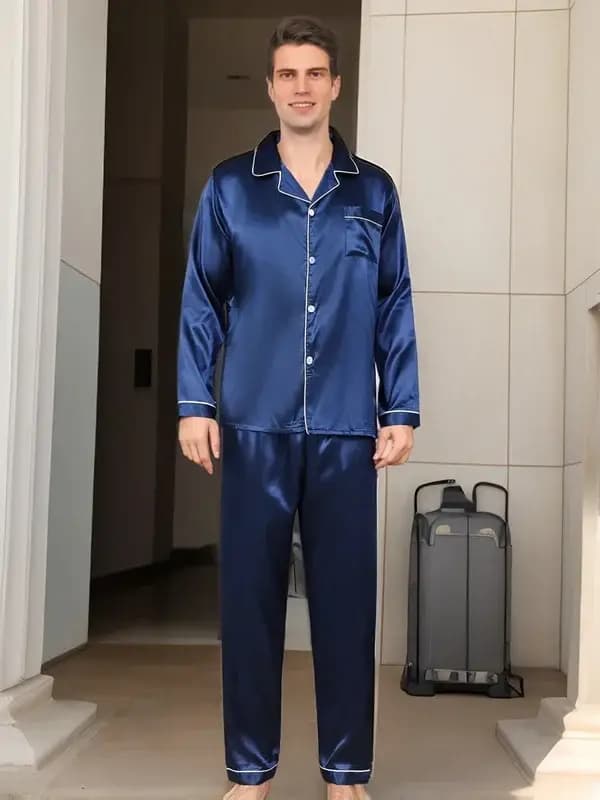 Hommes pyjama ensembles vêtements de nuit en microfibre pour dormir homme chemise Satin à manches longues