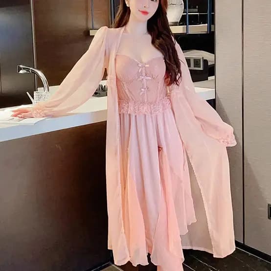 Sexy longue mariage Twinset Robe ensemble chemise de nuit Patchwork dentelle jarretelle