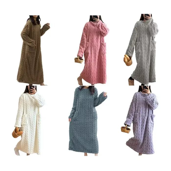 Hiver femmes flanelle chemises de nuit à manches longues Double poche ample solide vêtements