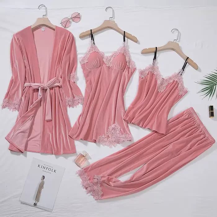 Ensemble pyjama quatre pièces en velours pour femme