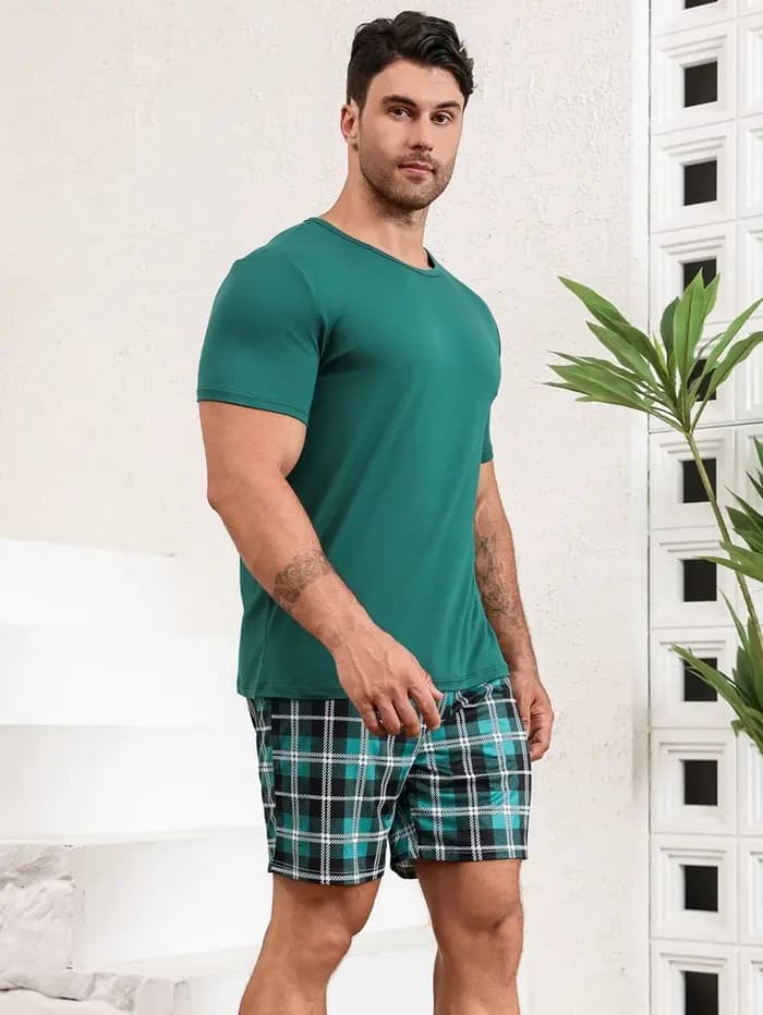Ensemble pyjama à carreaux pour hommes, col rond, haut à manches courtes et Short élastique, tissu d
