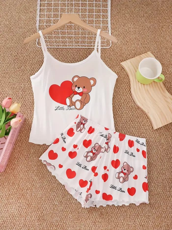 Ensemble pyjama d'été imprimé ours d'amour pour femmes
