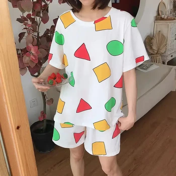 Pyjamas à manches courtes femmes été dessin animé mignon géométrique vêtements de nuit Homewear pull décontracté chemise