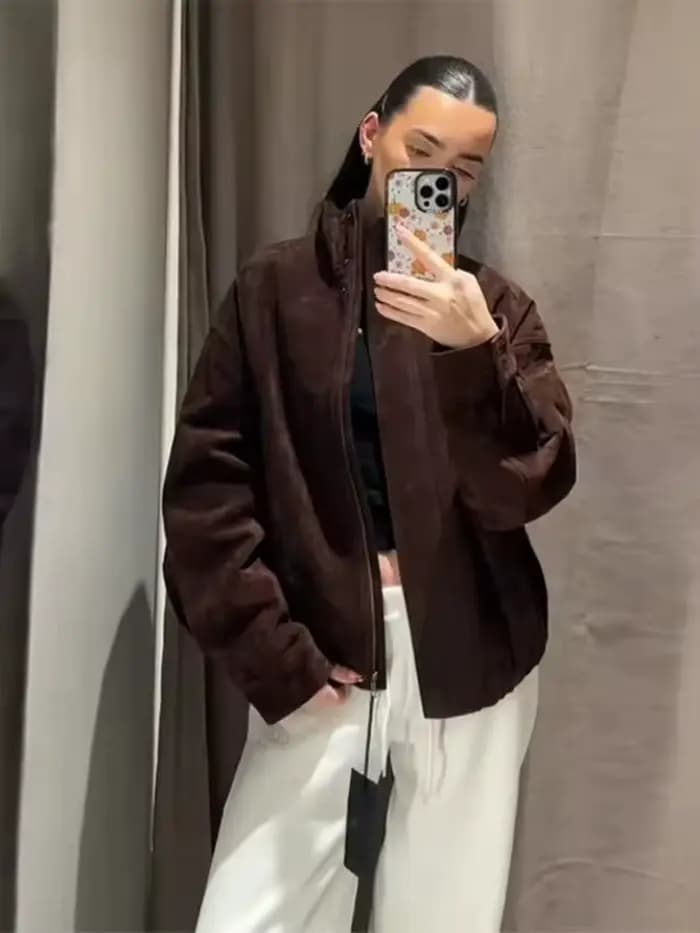 2025 hiver Vintage marron daim vestes amples femmes décontracté col montant poche épais manteau auto