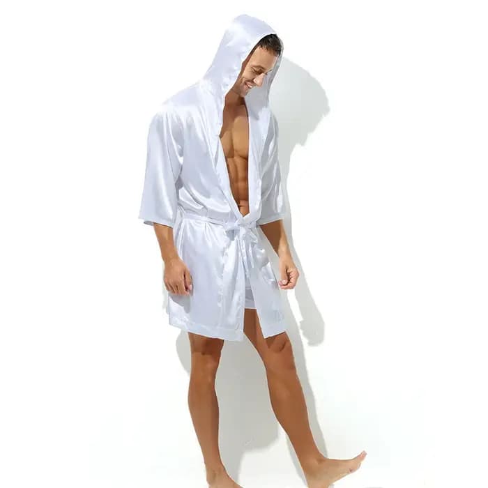 Homme Robe à capuche soie Satin Kimono vêtements de nuit demi manches peignoir Robe chemise de nuit