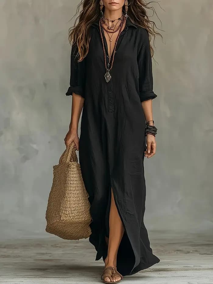 Robe longue en lin noir pour femme - Manches retroussables, fente latérale, coupe ample