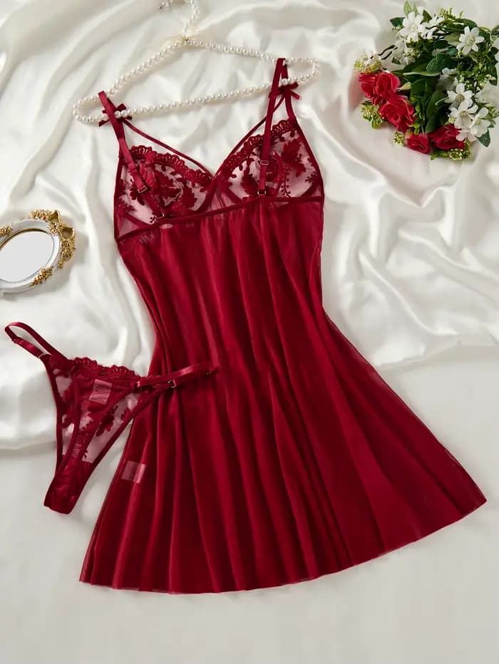 Chemise de nuit semi-transparente brodée d'oreilles de blé style campagne pour femme rouge vin