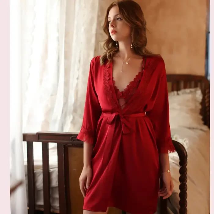 Mariée blanc peignoir costume femmes dentelle évider chemise de nuit été nouveau Kimono Robe ensemble Lingerie Twinset