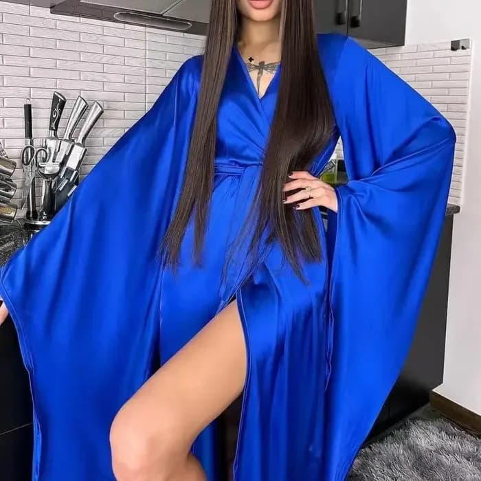 Robe longue et confortable pour femmes, vêtements de maison, col en v, fente, ceinture à nouer, mode