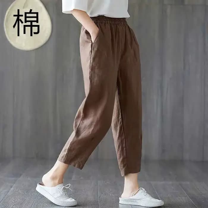 Sarouel en coton et lin pour femme, pantalon décontracté, été
