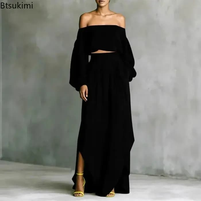 Ensemble Chic en Lin pour Femme 2026 – Tendance Printemps-Été : Haut Court Épaules Dénudées à Manches Bouffantes et