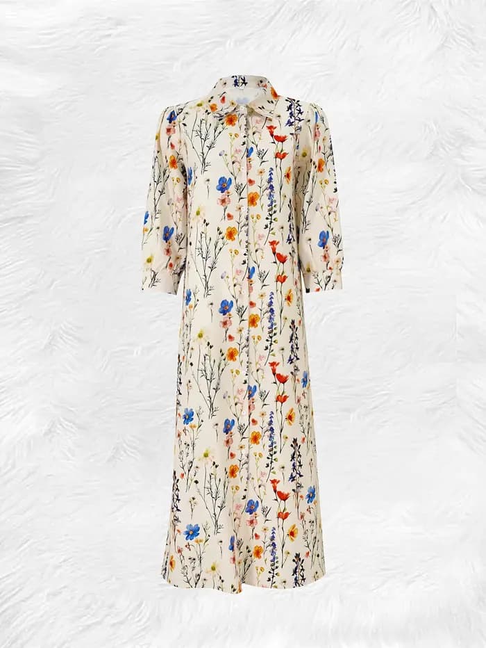 Robe chemise boutonnée à imprimé floral coloré beige pour femme