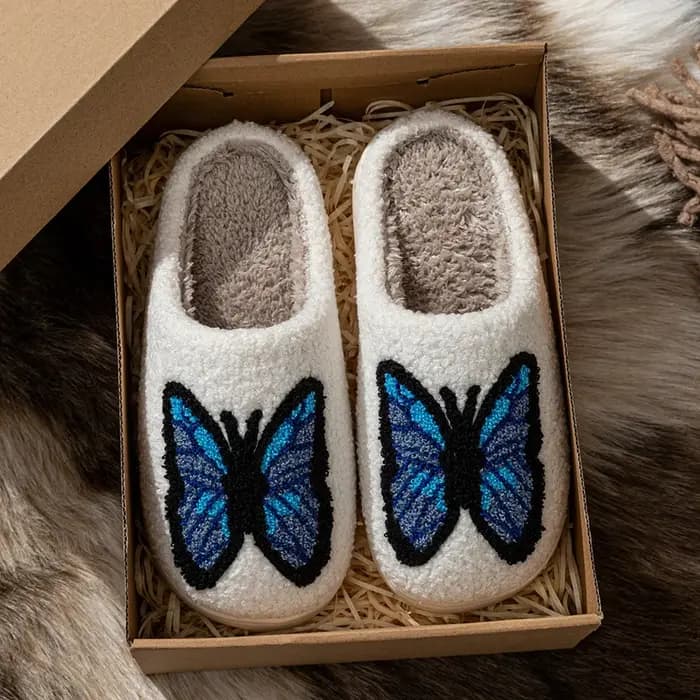 Chaussons pour femmes mignon bleu papillon broderie intérieur doux respirant confortable Couple mode