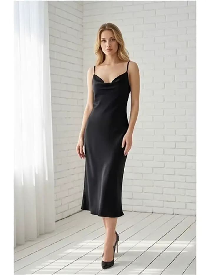 Robe de nuit longue noire en satin à col bénitier
