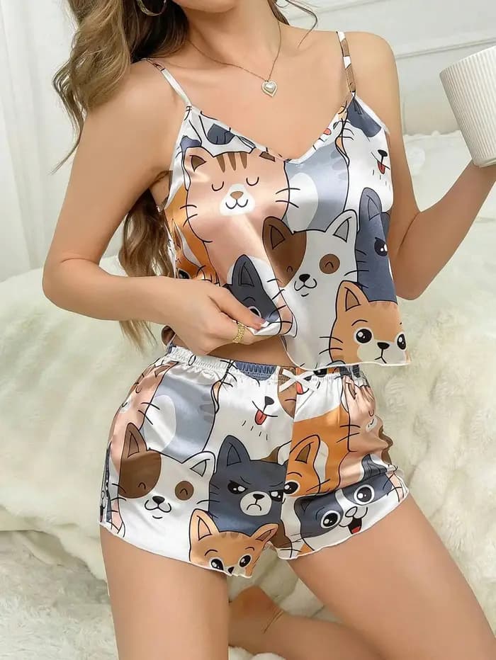 Ensemble de pyjama en satin à col en V pour femmes