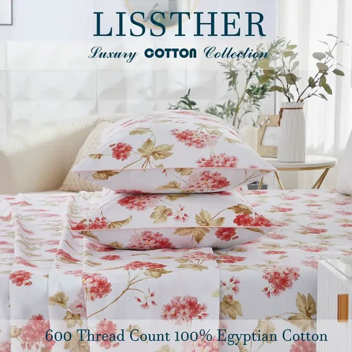 Ensemble de housse de couette 100% coton égyptien 600TC, 3 pièces, Floral de printemps rose Shabby C