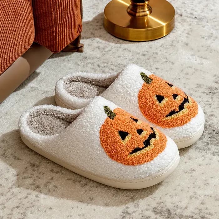 Classiques citrouille Halloween chaussons pour femmes hiver intérieur dessin animé confort maison chambre doux casual plat en peluche chaussures pour cadeau