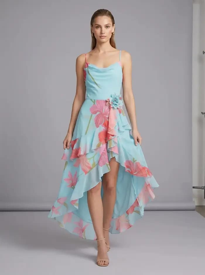 Robe longue d'été sexy à bretelles spaghetti imprimée avec volants fendus pour femme