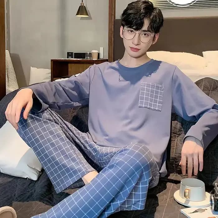 Pyjamas hommes manches longues et pantalons printemps et automne Style Simple et respirant vêtements de nuit étudiant