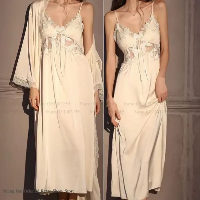Élégant femme longue Robe ensemble chemise de nuit soyeux glace soie vêtements