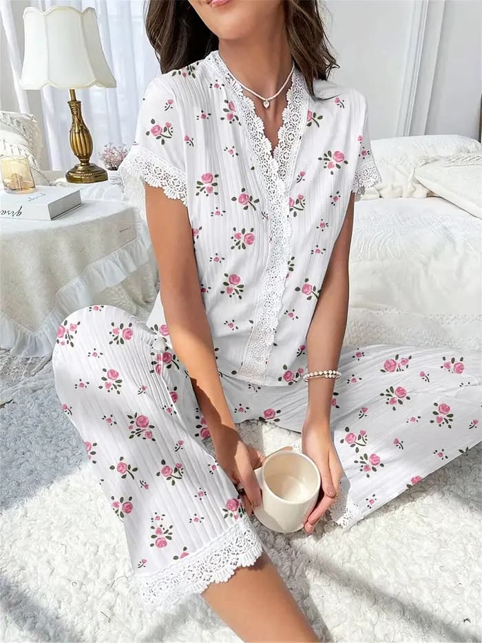 Ensemble pyjama 2 pièces en dentelle pour femmes