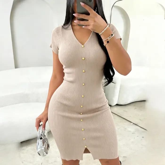 Robe midi moulante extensible pour femme, en tricot côtelé bordeaux, à manches courtes, col en V, av