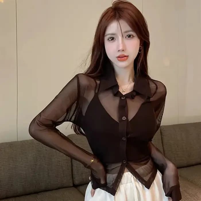 Voir à travers les chemises en mousseline de soie femmes 2024 printemps été Blouses à manches longues Sexy mode coréenne vêtements mince culture hauts noir Blusas