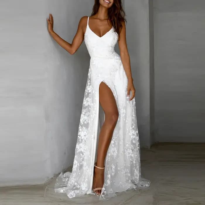 Robe longue en maille jacquard à col en V pour dames