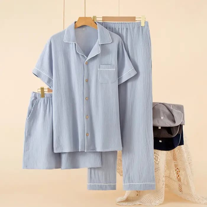 Ensemble pyjama en coton pour hommes, Short fin à manches courtes, pantalon Long, ensemble trois pièces, vêtements de maison, ample et respirant